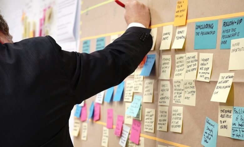 A suited man organizes sticky notes on a board, demonstrating ideas related to AI knowledge management.